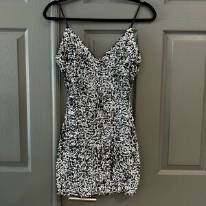 B Darlin Black and Silver Sequin Mini Dress.